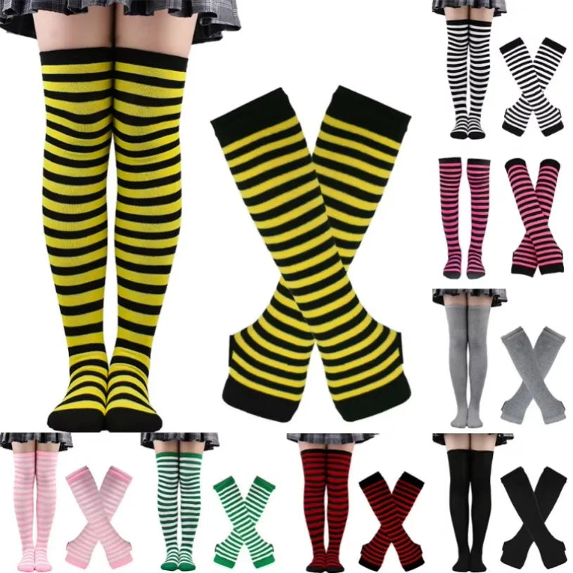 Women Striped Stocking Arm Sleeve Gloves mittens