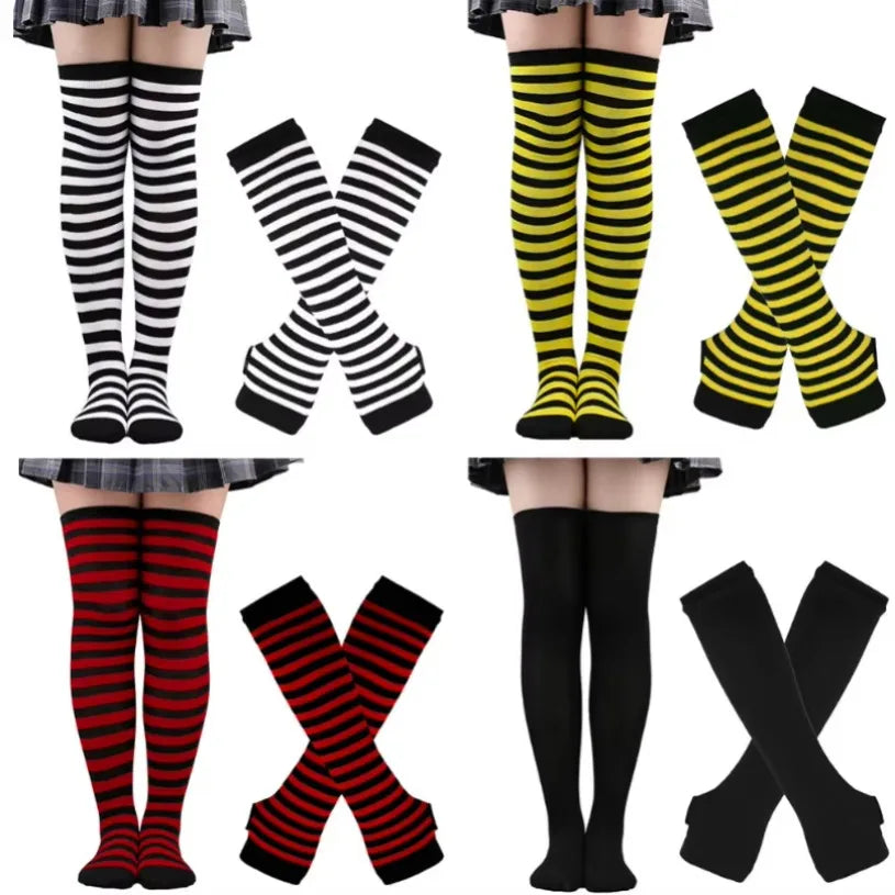 Women Striped Stocking Arm Sleeve Gloves mittens