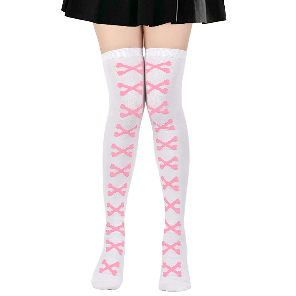 Womens Bone Thigh High Stockings Ladies Halloween Girls Black White Pink Long Over Above Knee Socks Tall Funny Cosplay Harajuku