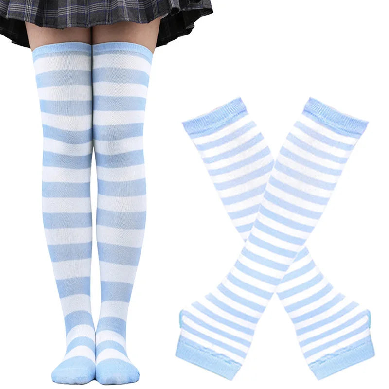 Women Striped Stocking Arm Sleeve Gloves mittens
