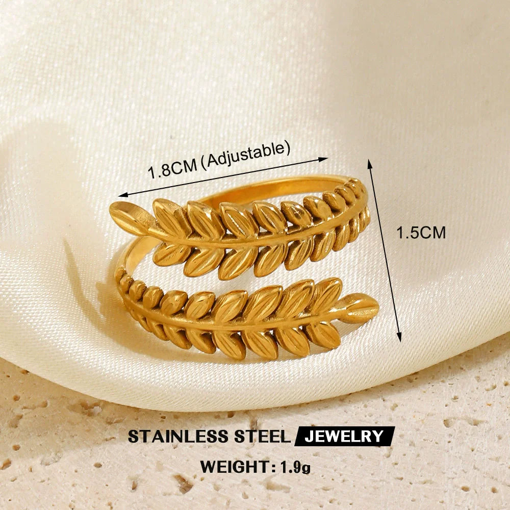 EILIECK 316L Stainless Steel Gold Color Leaves Heart Ring for Women Fashion Statement Waterproof Finger Ring Jewelry Accessories