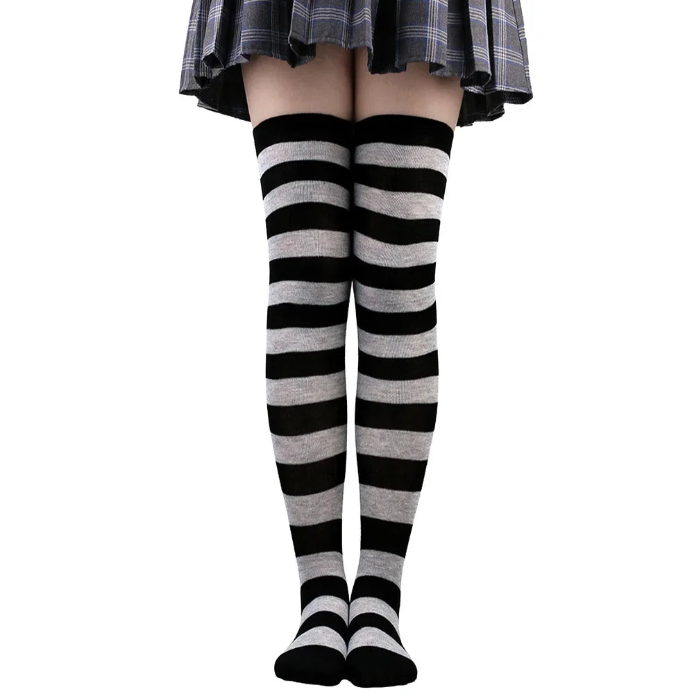 Thigh High Stockings Womens Striped Ladies Girls Black White pink Long Over Above Knee