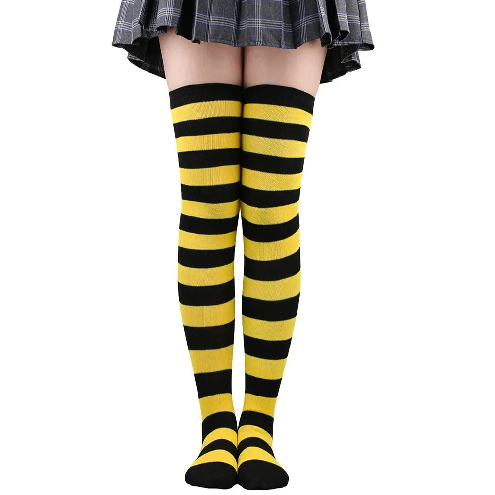 Thigh High Stockings Womens Striped Ladies Girls Black White pink Long Over Above Knee