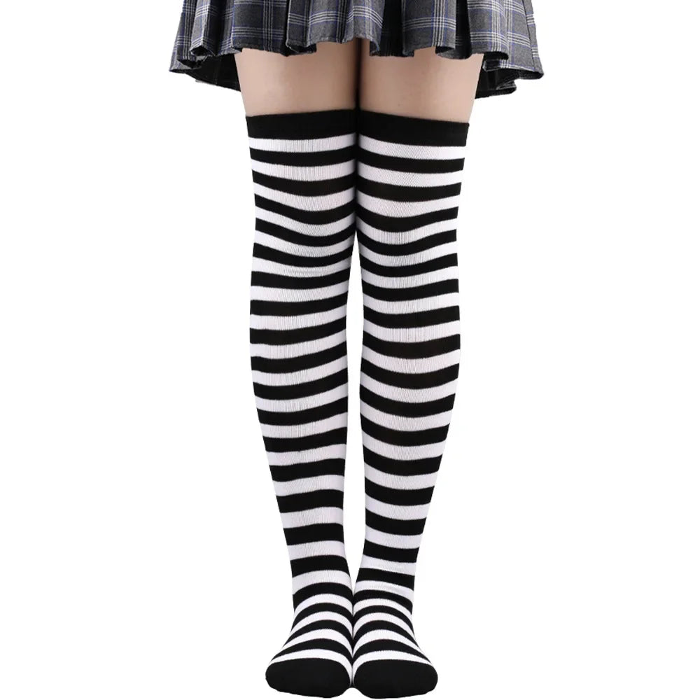 Thigh High Stockings Womens Striped Ladies Girls Black White pink Long Over Above Knee