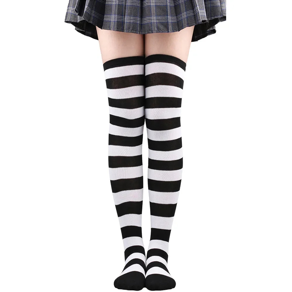 Thigh High Stockings Womens Striped Ladies Girls Black White pink Long Over Above Knee