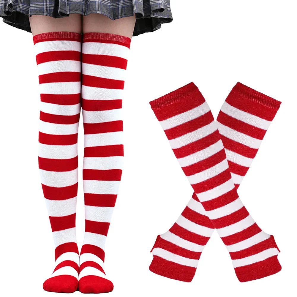 Women Striped Stocking Arm Sleeve Gloves mittens