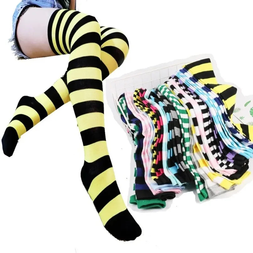 Thigh High Stockings Womens Striped Ladies Girls Black White pink Long Over Above Knee