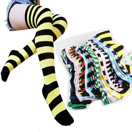 Thigh High Stockings Womens Striped Ladies Girls Black White pink Long Over Above Knee