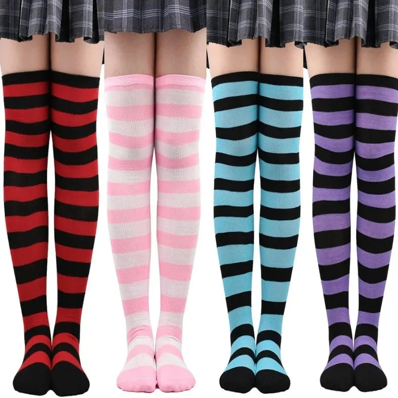 Thigh High Stockings Womens Striped Ladies Girls Black White pink Long Over Above Knee