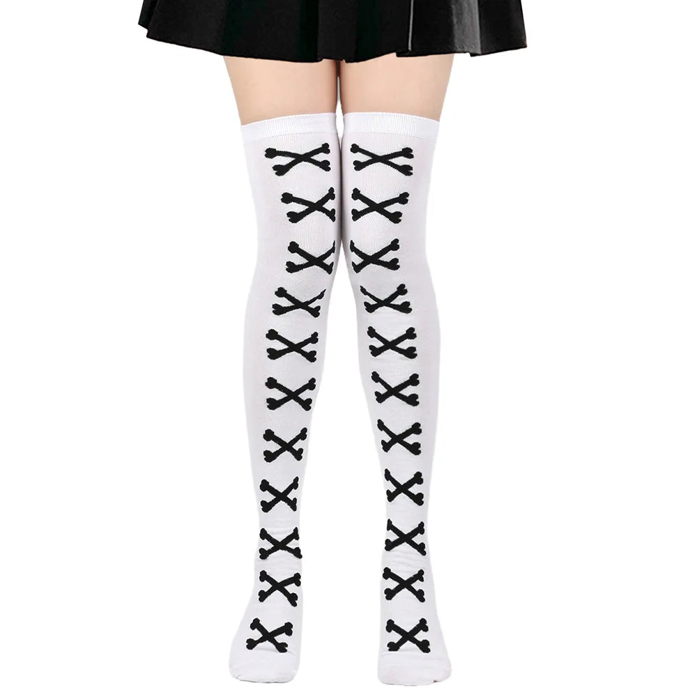 Womens Bone Thigh High Stockings Ladies Halloween Girls Black White Pink Long Over Above Knee Socks Tall Funny Cosplay Harajuku