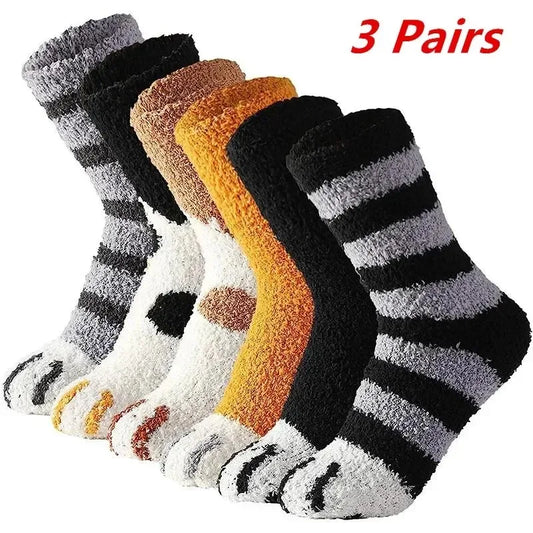 3 Pairs Womens Cats Paw Stripe 3d Socks