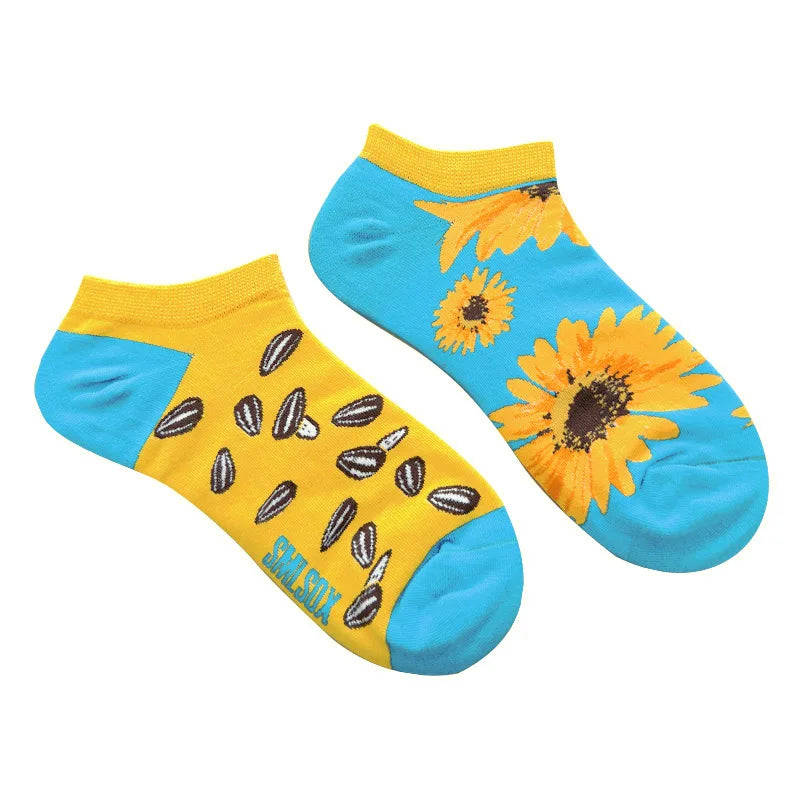 Colorful Short Socks Women Men Cotton Novelty Animals Plants Sunflower