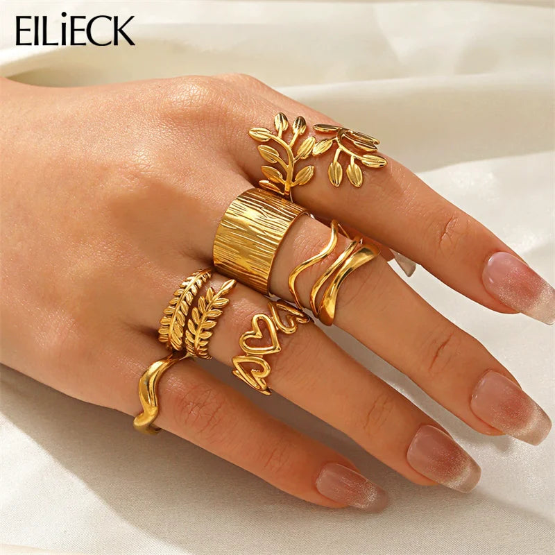 EILIECK 316L Stainless Steel Gold Color Leaves Heart Ring for Women Fashion Statement Waterproof Finger Ring Jewelry Accessories
